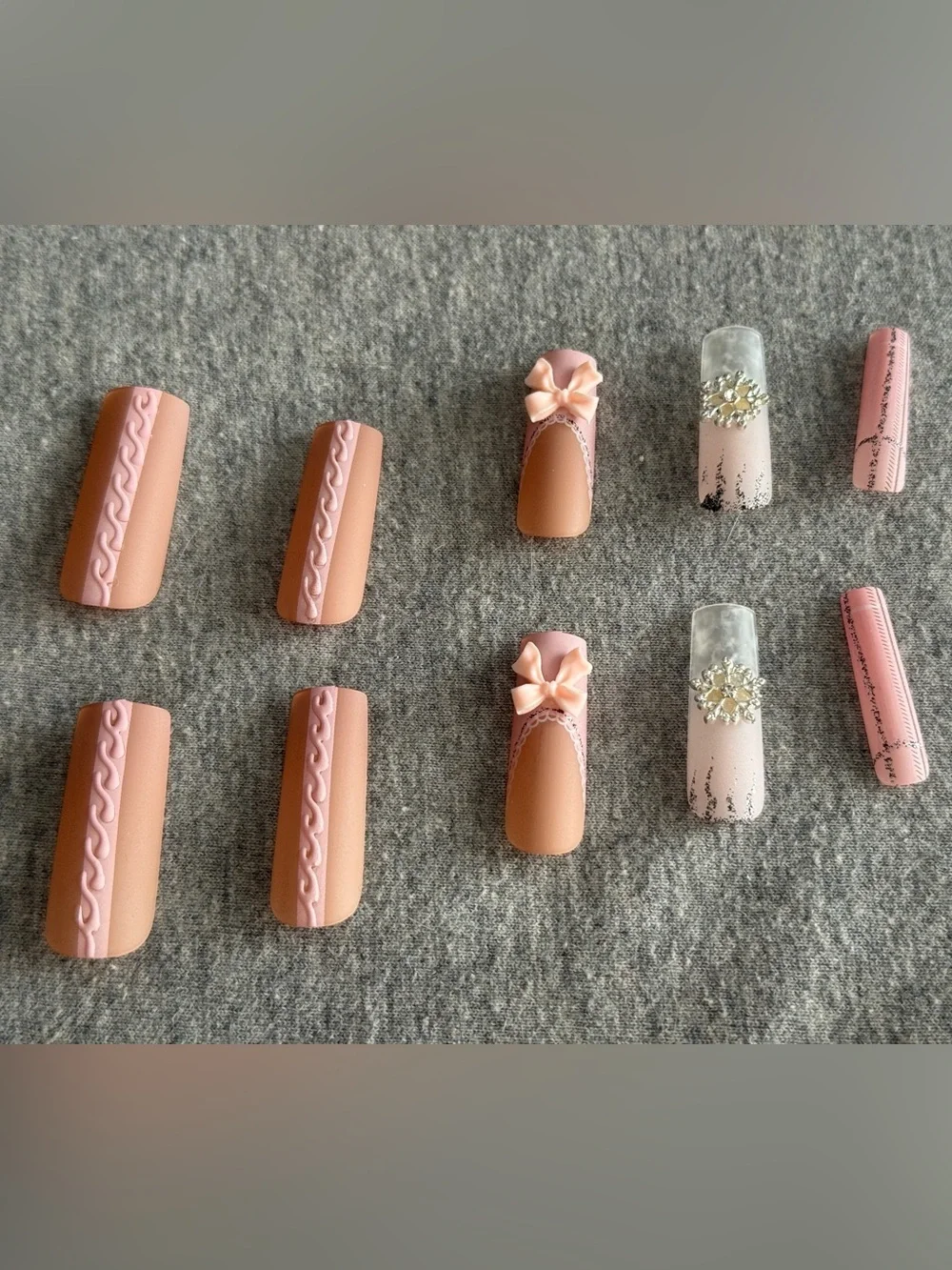 Peach & Blush Press-On Nail Set with 3D Bows and Rhinestones